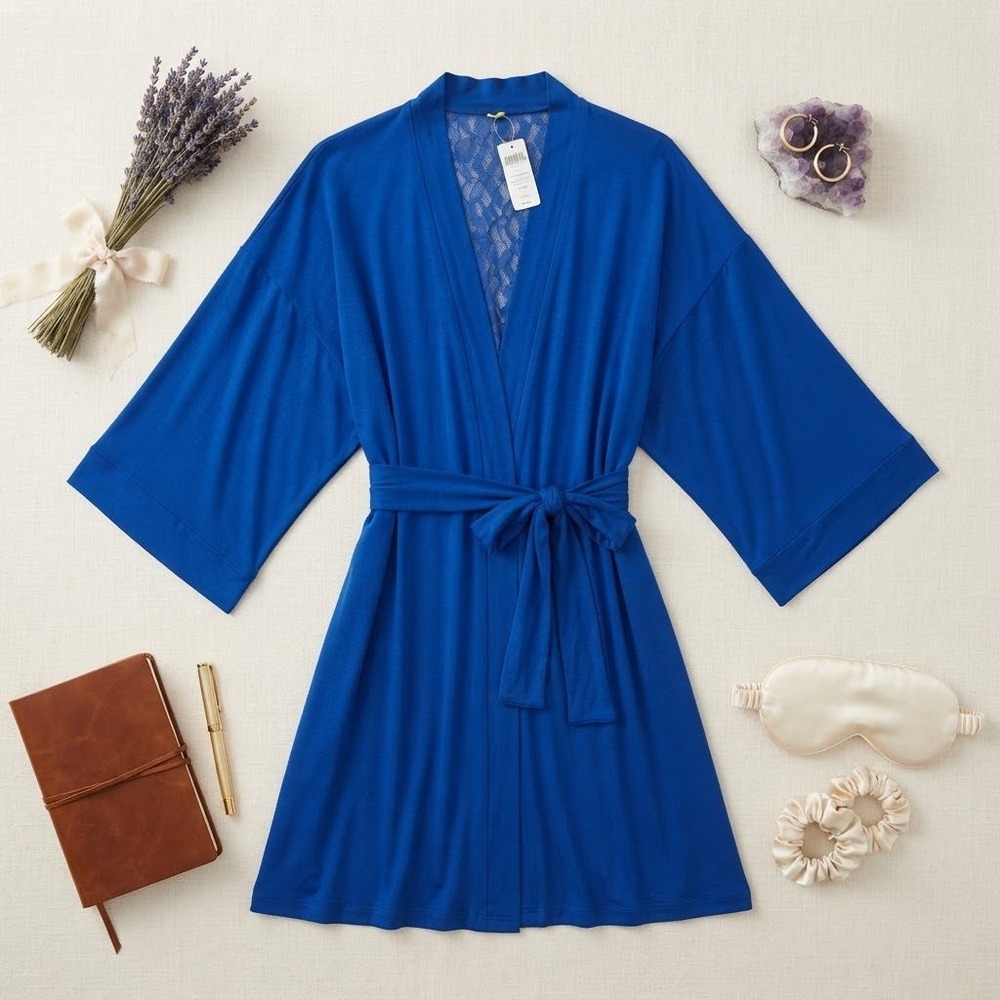 NWT Soma Cool Nights Lace Back Short Robe Majesty Blue 570343202 L/XL